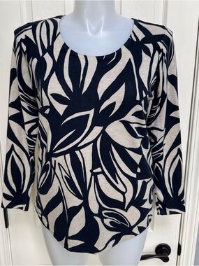 CHICO'S Blue Tan Floral Abstract Crewneck Pullover Sweater Long Sleeve Sz 2 L